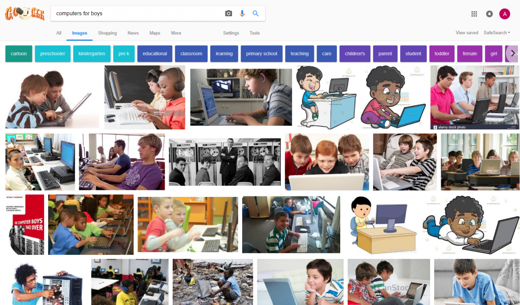 A search for computers for boys, showing many boys using computers